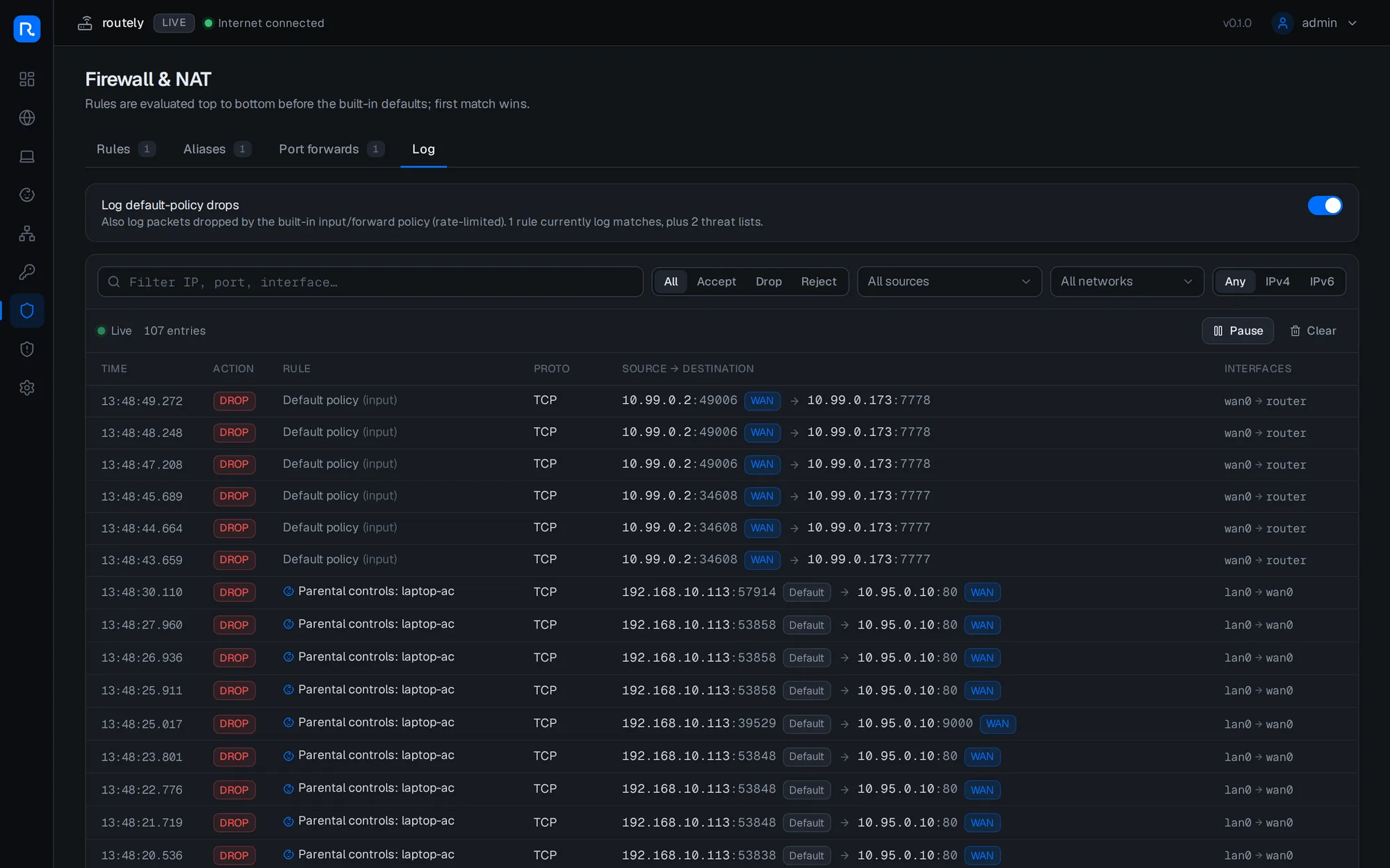 The live firewall log, filtering by action, source and network, with each drop attributed to its rule
