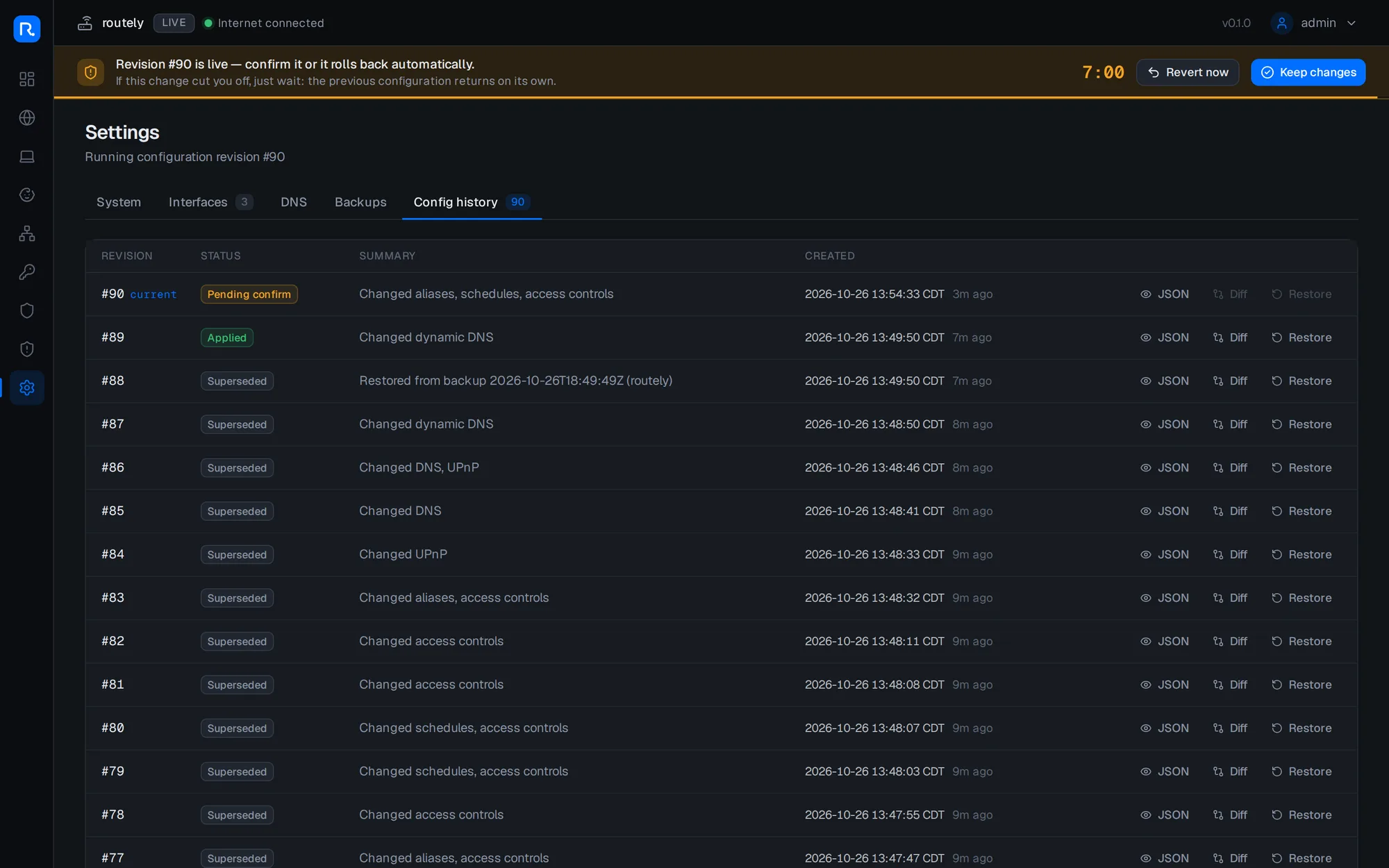 Config history: every revision with its summary, a diff, the JSON and a restore button