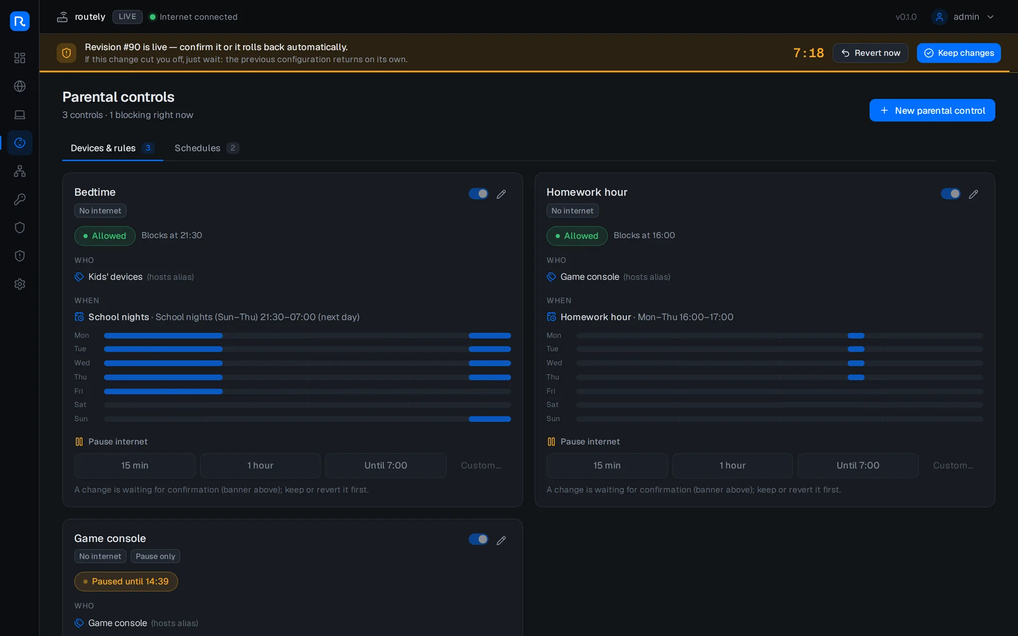 Parental controls: a Bedtime schedule, a Homework hour, and a paused game console